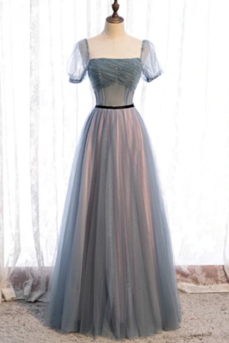 Tulle Square Short Sleeve Pleats Beading Prom Dress