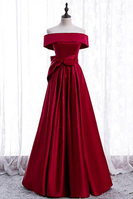 Simple Burgundy Satin Off The Shoulder Bow Prom Dress