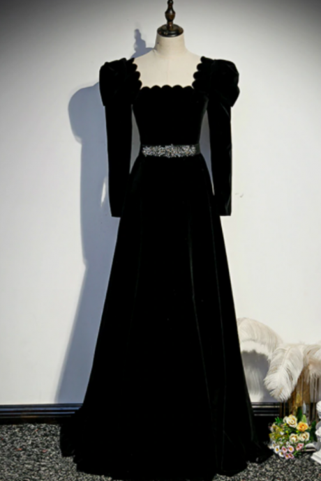 Black Velvet Square Long Sleeve Prom Dress With Belt