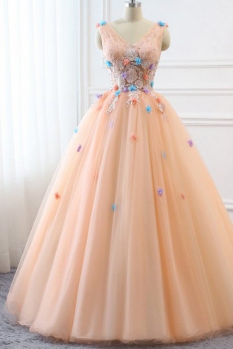Prom Ball Gown Plus Size Long 2021 Women Formal Dresses Tulle Orange Flowers Quinceanera Dress Masquerade Prom Dress Wedding Bride Gown,