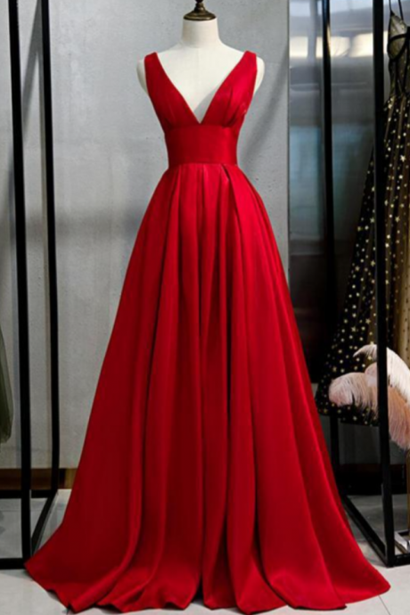 V Neck Simple Red A-line Long Evening Prom Dresses, Evening Party Prom Dresses