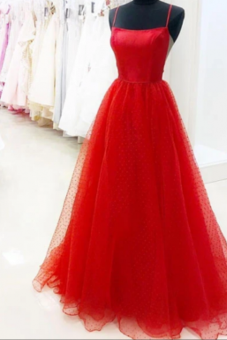 Custom Made Red Tulle Long Prom Dress, Red Evening Dress