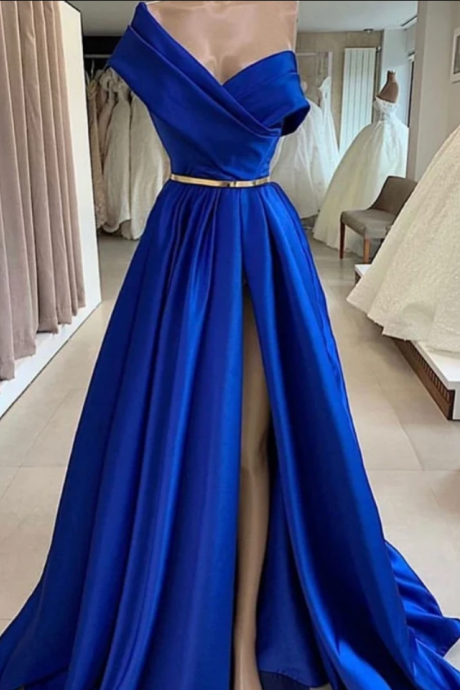 One Shoulder Royal Blue Satin Long Prom Dresses With Side Leg Slit , Royal Blue Long Formal Evening Dresses