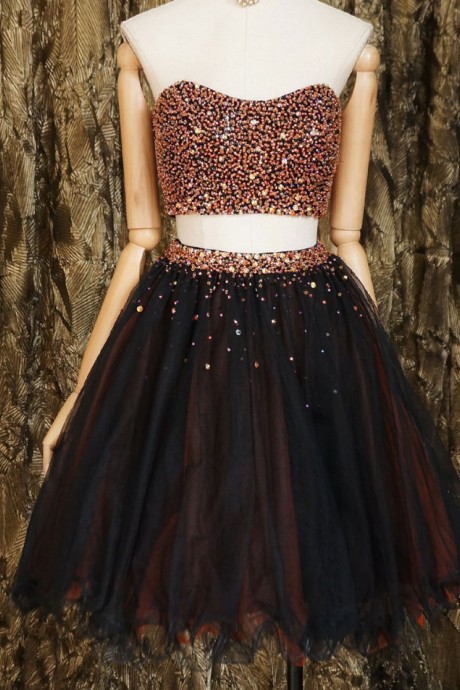 Two Pieces Beads Tulle Short Prom Dress Homecoming Dress