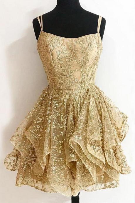 A-line Sequins Gold Homecoming Dress, Glitter Short Prom Dress