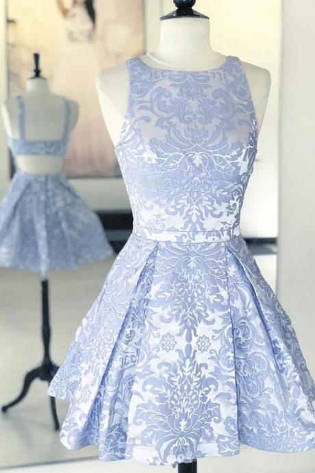 Scoop A-line Blue Short Prom Dress Print Homecoming Dress