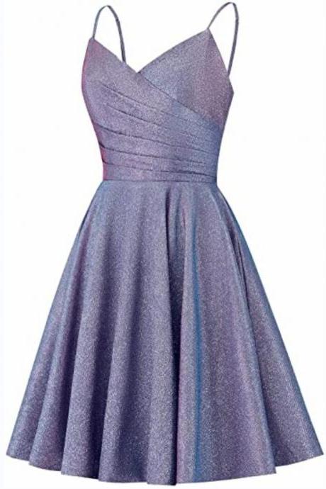 Sexy Spaghetti Strap Glitter Homecoming Dresses Short Pleated Prom Dress For Women