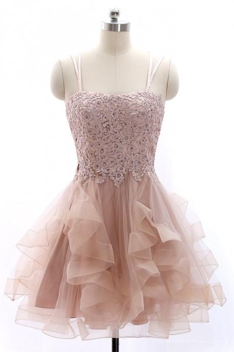 Spaghetti Straps Lace Tulle Mini Prom Homecoming Dress Vintage Party Formal Gown