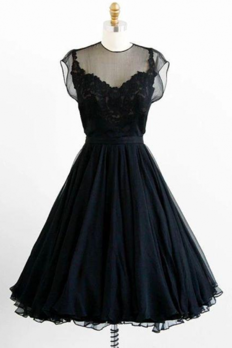 Black Chiffon And Floral Lace Cocktail Homecoming Dress