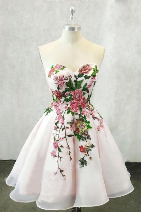 A Line Straps Sweetheart Pink Homecoming Dresses With Floral Print Short Prom Dress