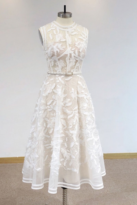 White High Neck Tulle Lace Prom Dress Lace Evening Dress,