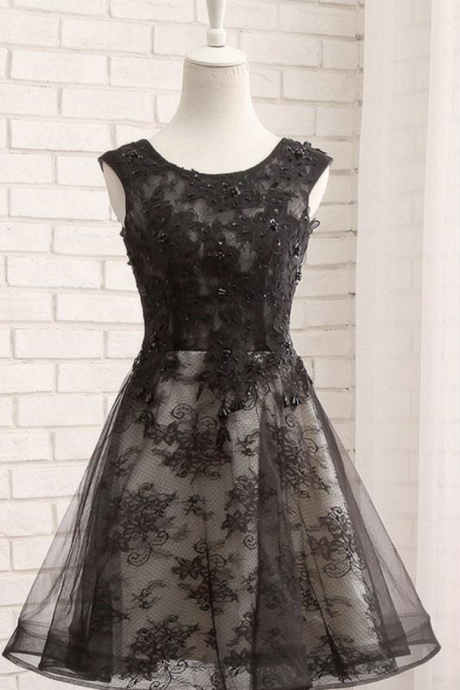 Black Lace Short Prom Dress, Black Evening Dress