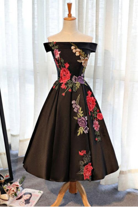 Black Satin Short Prom Dress, Black Evening Dress