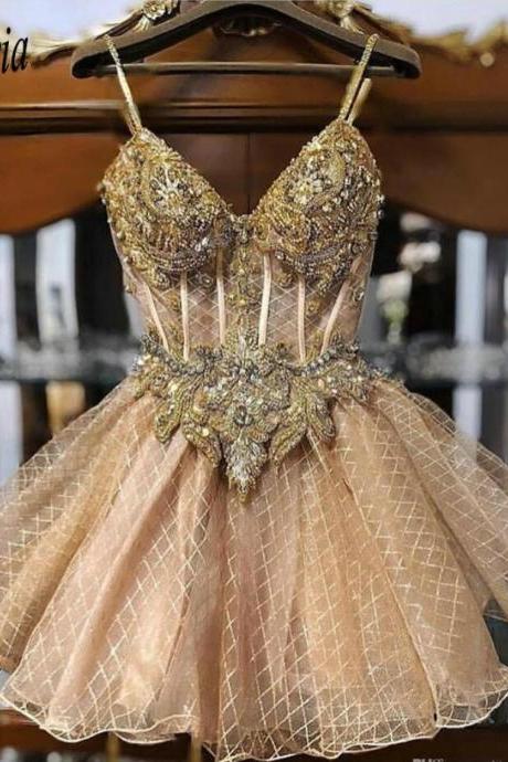 Champagne Beaded Crystals Homecoming Dresses Spaghetti A Line Lace Graduation Dress Short Sexy Cocktail Party Gowns