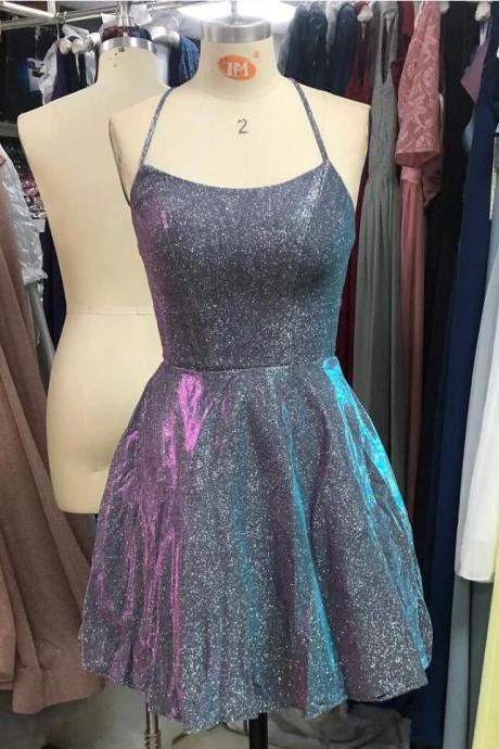  Special grey luckgirls Spaghetti Straps Glitter Short A Line Ball Gown Homecoming Dresses with Pocket -mocini tailor