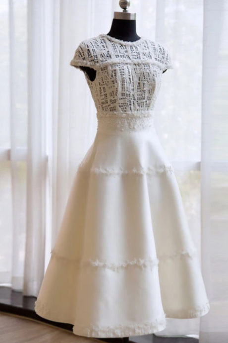 Unique White Lace Short Pro Dress, Evening Dress