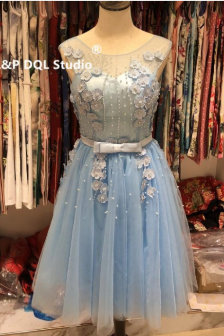 Fairy Prom Dress Real Photos Scoop Sheer With Applique Beading Tea Length Prom Dresses Evening Gowns