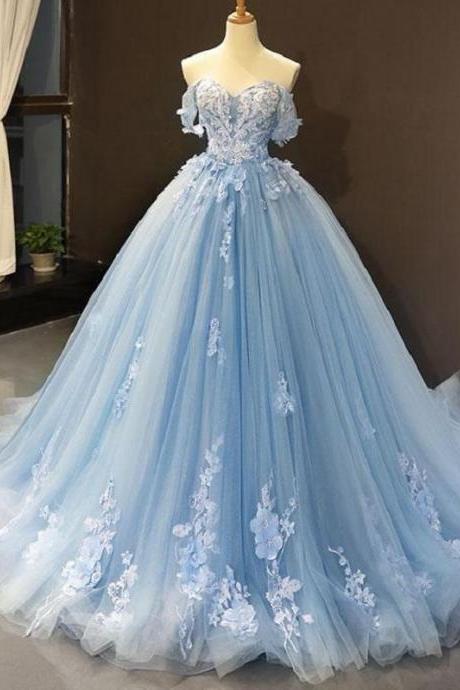 Romantic Blue Off The Shoulder Tulle Lace Appliques Ball Gown For Prom