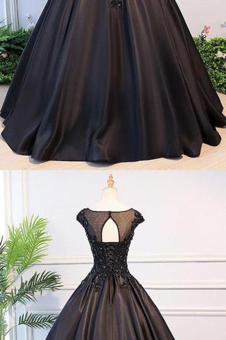 Black Ball Gown Illusion Neck Cap Sleeves Prom Dress,graduation Ball Gown