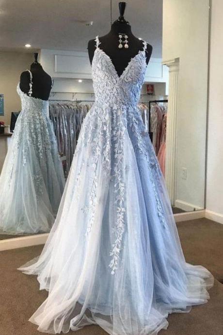 Fairy Light Blue Lace Appliques Tulle A-line Long Prom Dress