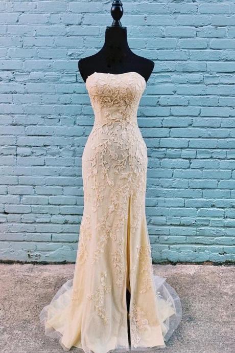 Classy Gold Lace Appliques Long Strapless Prom Dress With Side Slit