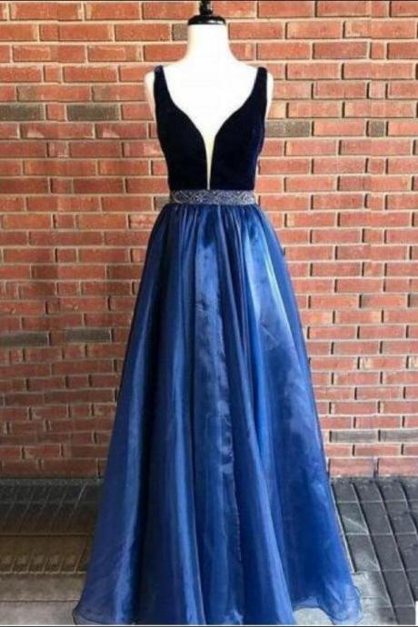 Navy Blue Slit Organza Prom Dress Graduation Dress With Beading Belt