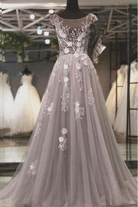 Grey Jewel Neck Cap Sleeves A-line Prom Dress,robe De Bal,