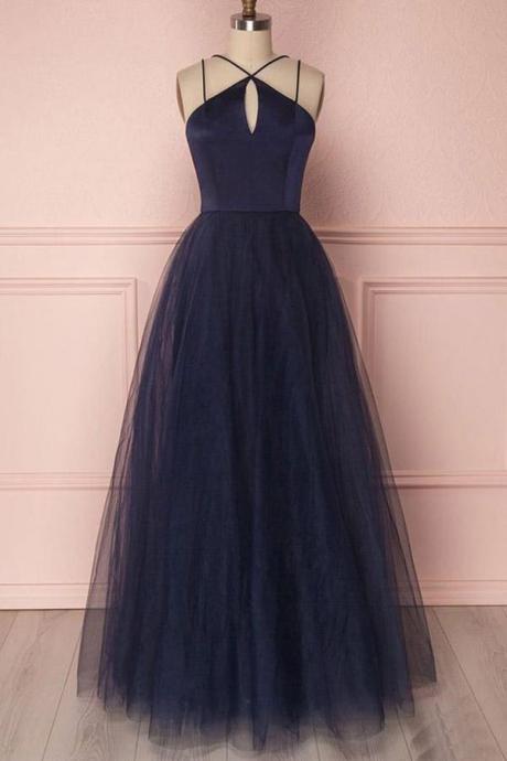Dark Navy Tulle Simple Senior Prom Dress,long Party Formal Gown
