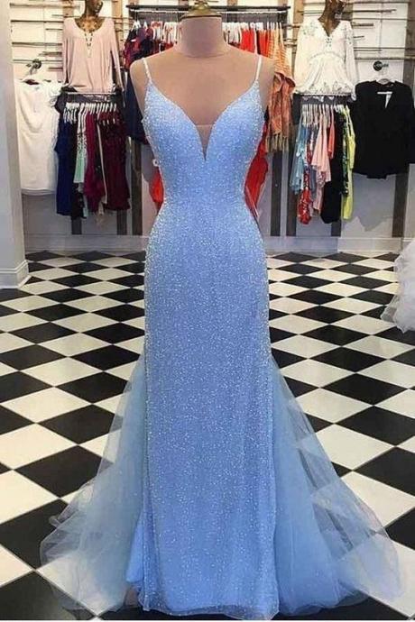 Blue Dazzling Beading Sheath Prom Dress,formal Graduation Dress