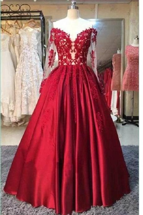 Ball Gown Prom Dress,red Prom Dress,off Shoulder Prom Dress, Long Sleeve Prom Dress