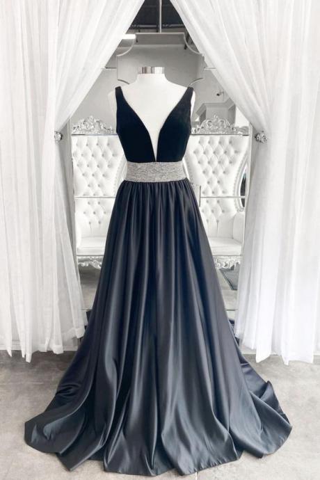 Black velvet satin long A line prom dress evening dress
