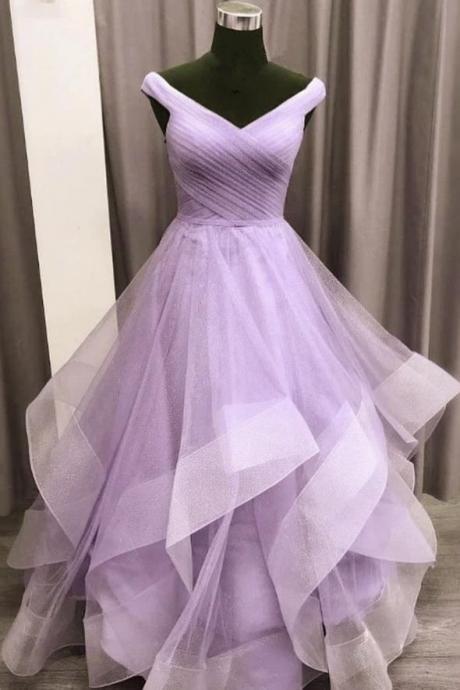 Lilac Tulle Long A Line Prom Dress Evening Dress Ball Gown