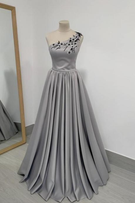 Gray Satin Long A Line Prom Dress One Shouder Evening Dress