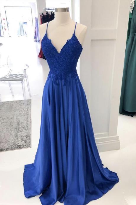 Royal Blue Lace Long A Line Prom Dress Blue Evening Dress
