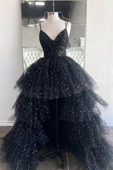Black V Neck Tulle High Low Prom Dress Evening Dress