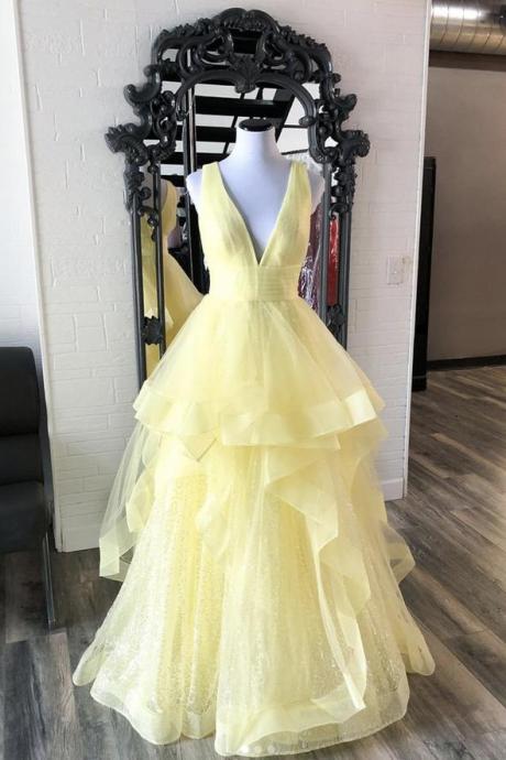 Yellow V Neck Tulle Long A Line Prom Dress Evening Dress