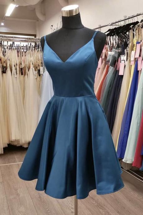 ink blue satin short A line prom dress homecoming dress Prom Dress, Grey Prom Dress, Beading Crystals Homecoming Dress, Tulle Homecoming Gown