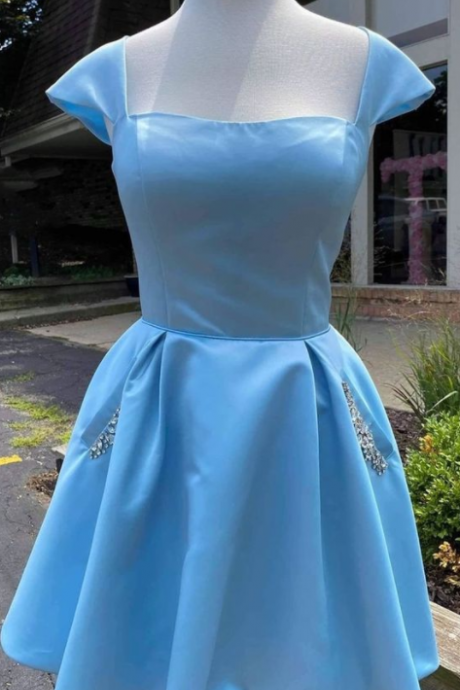 Cap Sleeves Light Blue Satin Short Homecoming Dress With Beaded Bodice