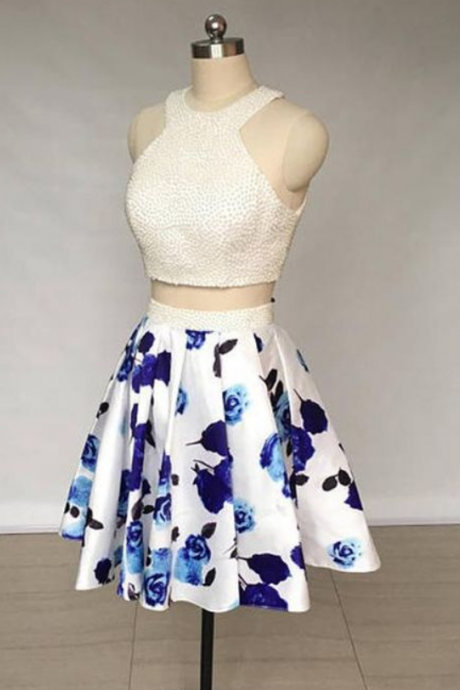 A Line Two Piece Ivory Jewel Floral Print Satin Short Homecoming Dress With Pearls