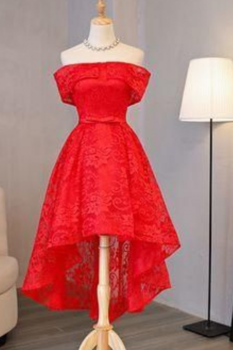 Red Lace Boat Neck Hi-low Homecoming Dress