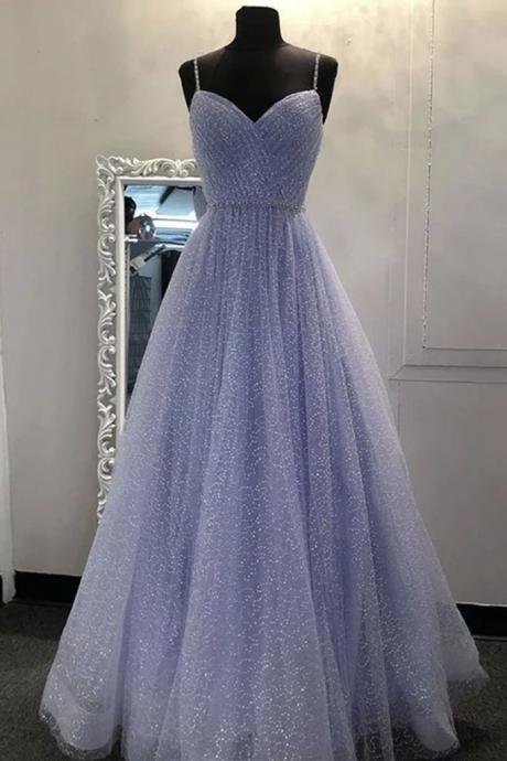 Blue Spaghetti Straps A Line Beading Sequins Long Prom Dress