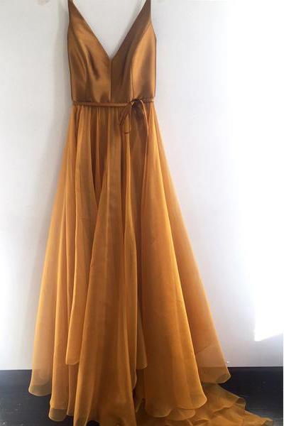 Spaghetti Strap A Line V Neck Gold Formal Long Prom Dresses