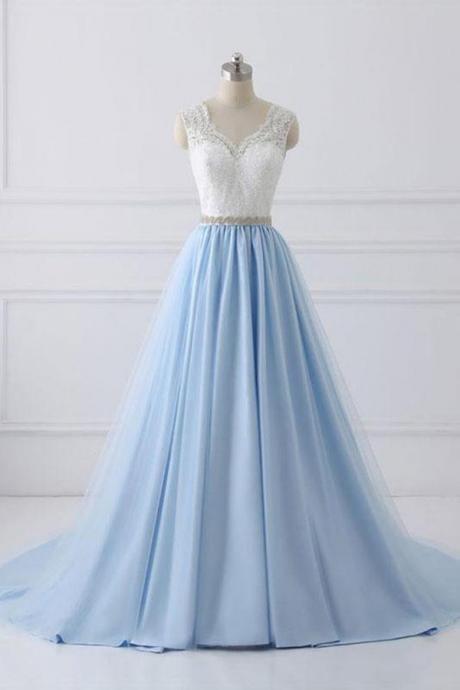Sky Blue Long V Neck Evening Dress With Beaded Belt,lace Top Long Prom Dress