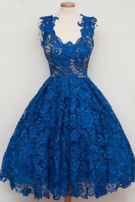 Royal Blue Lace Vintage Style Short Homecoming Dress