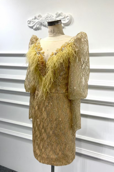 Luxury long-sleeved tulle sequined golden ball gown short
