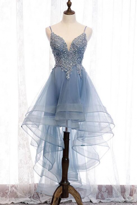 Blue High Low Tulle V-neckline Straps Party Dress With Lace