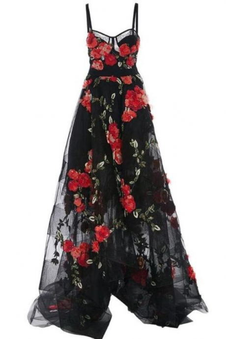Chic Black Spaghetti Straps Long Prom Dresses,Pretty A Line Floral Sweep Train Long Evening Dresses