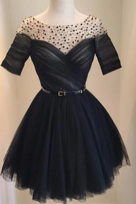 Short Cocktail Dress,black Beaded Tulle Homecoming Gown