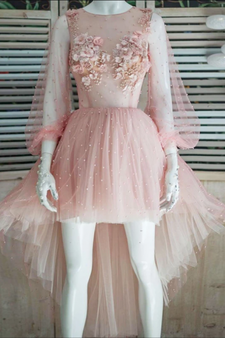 Pink Long Sleeve Homecoming Dress Party Asymmetrical Custome Homecoming Dress