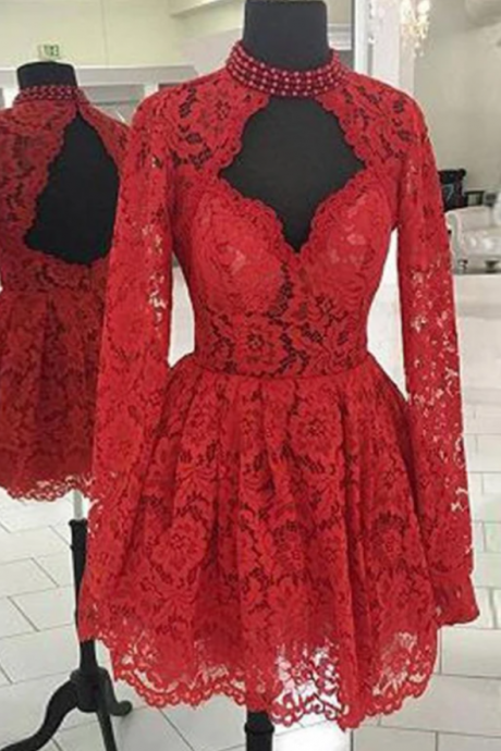 Lace Red Chic Long-sleeves A-line Homecoming Dresses